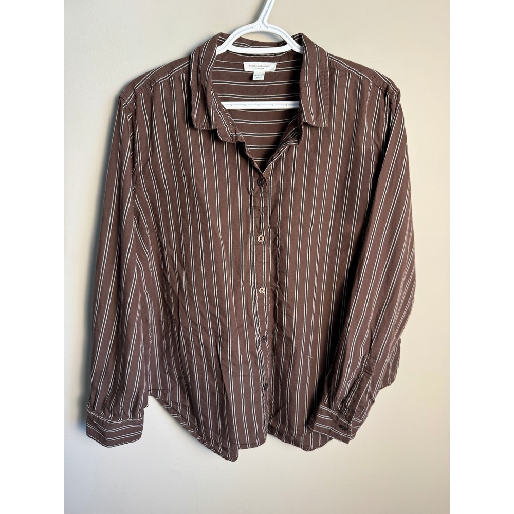 beachlunchlounge Womens Brown Striped Button Down Shirt XL Coastal Casual Preppy